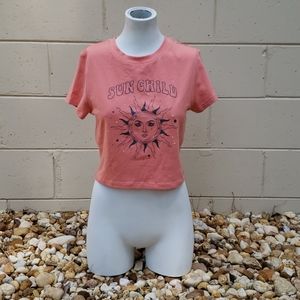Forever 21 Sun Child Crop Tee Coral Celestial Graphic Short Sleeve Top Size M